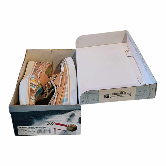 Sperry Top Sider Bahama Boat Shoe Womens Size 7 Brown Camel Plaid Canvas Slip On - Picture 14 of 14